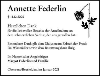 Traueranzeige von Annette Federlin von vrm-trauer