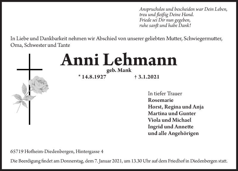  Traueranzeige für Anni Lehmann vom 05.01.2021 aus vrm-trauer