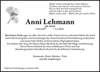 Traueranzeige von Anni Lehmann von vrm-trauer