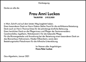 Traueranzeige von Anni Luckas von vrm-trauer
