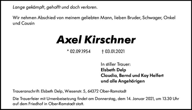  Traueranzeige für Axel Kirschner vom 09.01.2021 aus vrm-trauer