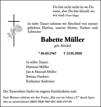 Traueranzeige von Babette Müller von vrm-trauer