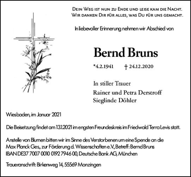  Traueranzeige für Bernd Bruns vom 09.01.2021 aus vrm-trauer