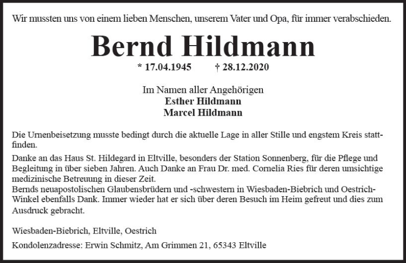  Traueranzeige für Bernd Hildmann vom 30.01.2021 aus vrm-trauer