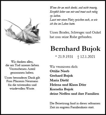 Traueranzeige von Bernhard Bujok von vrm-trauer