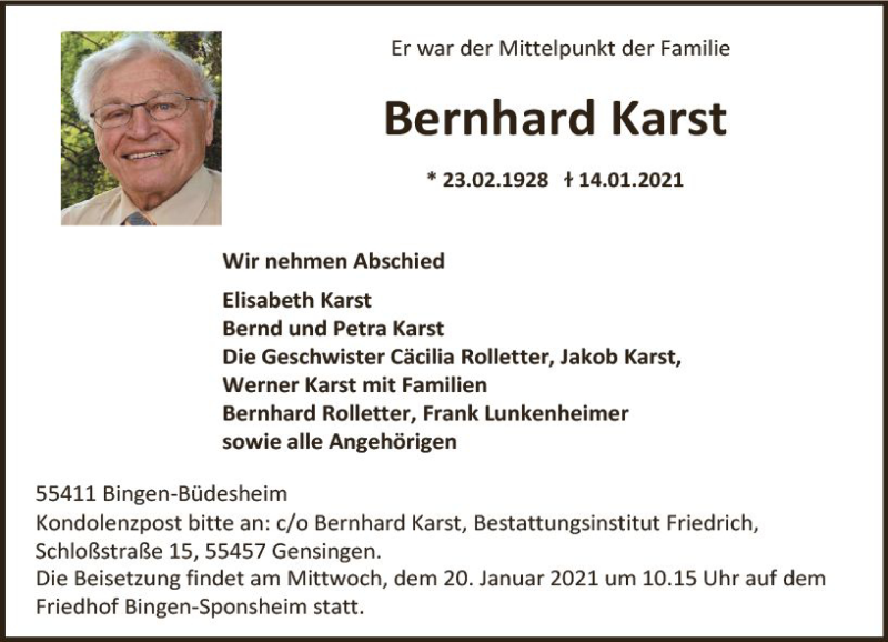  Traueranzeige für Bernhard Karst vom 16.01.2021 aus vrm-trauer