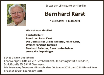 Traueranzeige von Bernhard Karst von vrm-trauer