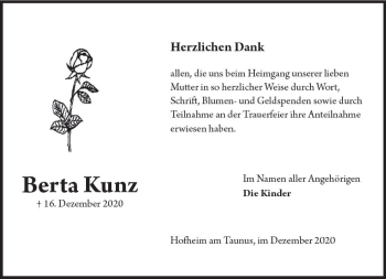 Traueranzeige von Berta Kunz von vrm-trauer
