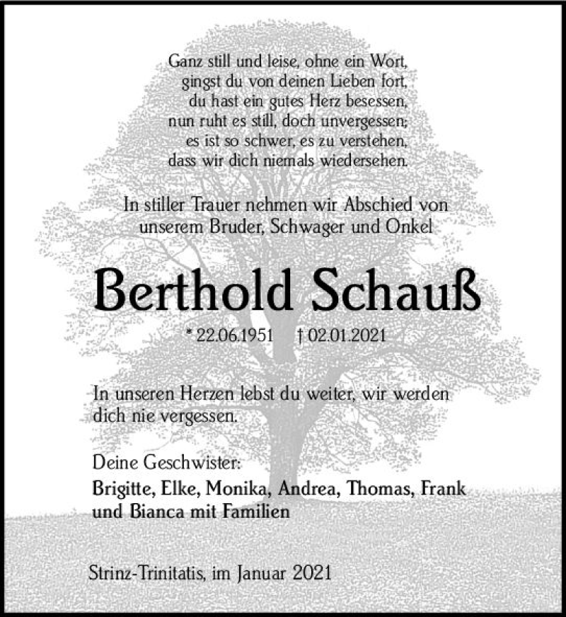  Traueranzeige für Berthold Schauß vom 09.01.2021 aus vrm-trauer