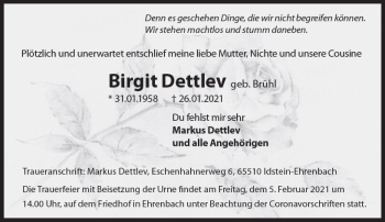 Traueranzeige von Birgit Dettlev von vrm-trauer