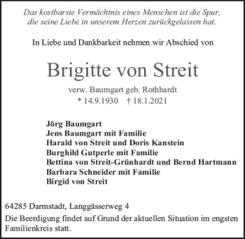 Traueranzeige von Brigitte von Streit von vrm-trauer