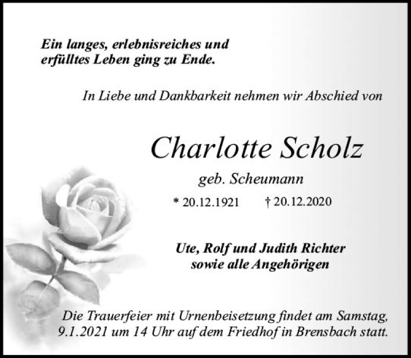  Traueranzeige für Charlotte Scholz vom 02.01.2021 aus vrm-trauer