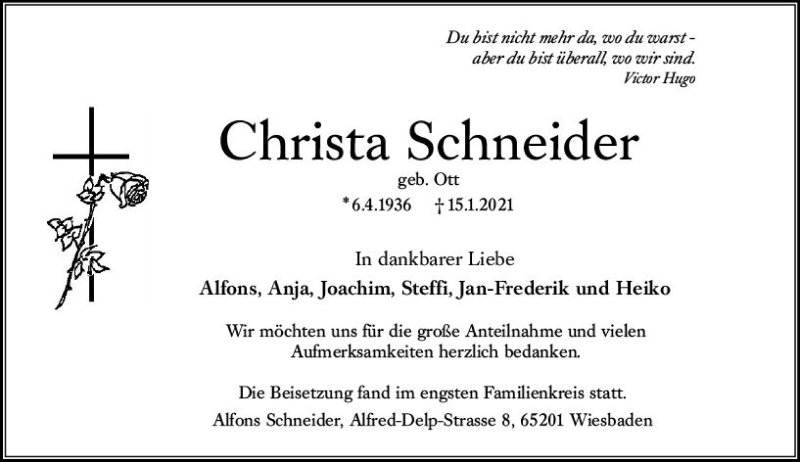  Traueranzeige für Christa Schneider vom 30.01.2021 aus vrm-trauer