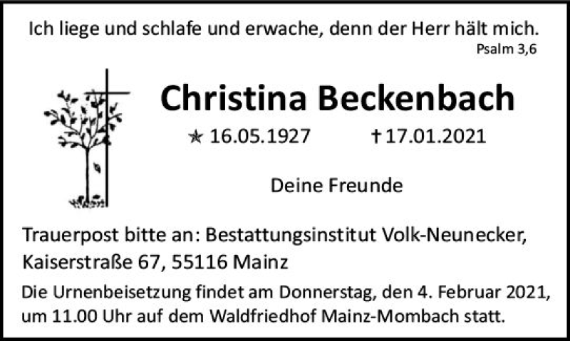  Traueranzeige für Christina Beckenbach vom 30.01.2021 aus vrm-trauer