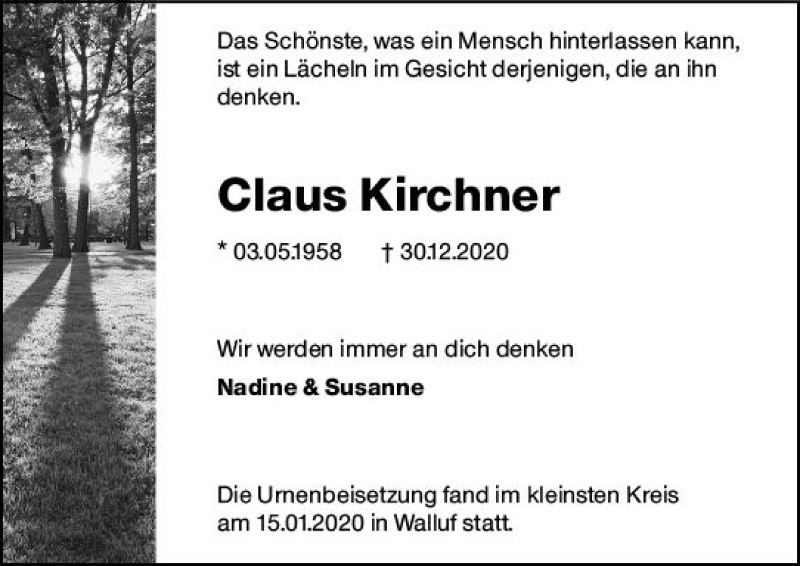  Traueranzeige für Claus Kirchner vom 16.01.2021 aus vrm-trauer