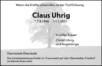 Traueranzeige von Claus Uhrig von vrm-trauer