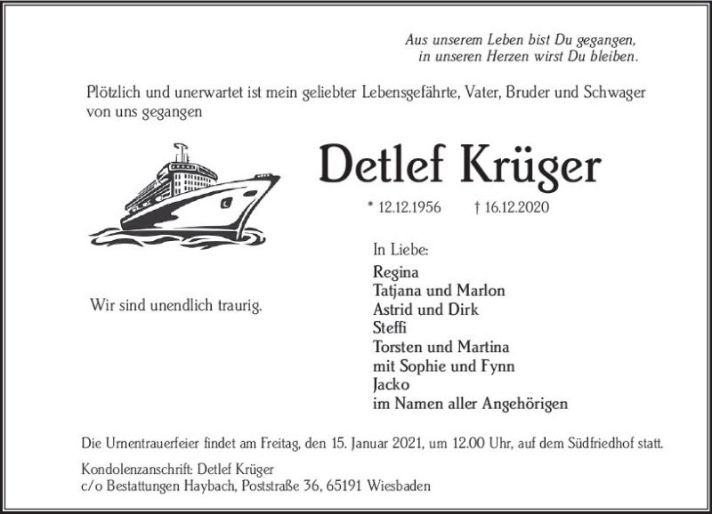  Traueranzeige für Detlef Krüger vom 09.01.2021 aus vrm-trauer