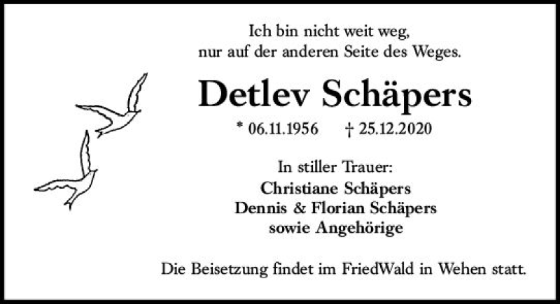  Traueranzeige für Detlev Schäpers vom 02.01.2021 aus vrm-trauer
