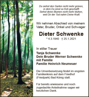 Traueranzeige von Dieter Schwenke von vrm-trauer