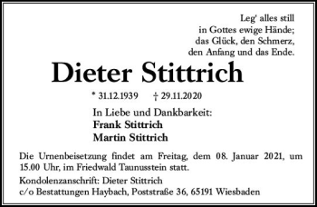 Traueranzeige von Dieter Stittrich von vrm-trauer