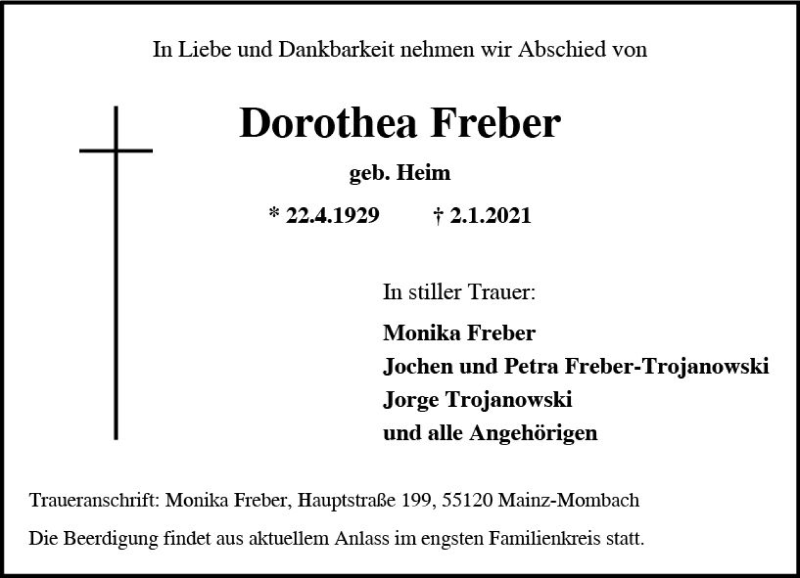  Traueranzeige für Dorothea Freber vom 09.01.2021 aus vrm-trauer
