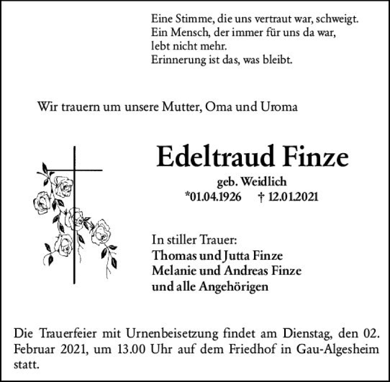  Traueranzeige für Edeltraud Finze vom 30.01.2021 aus vrm-trauer