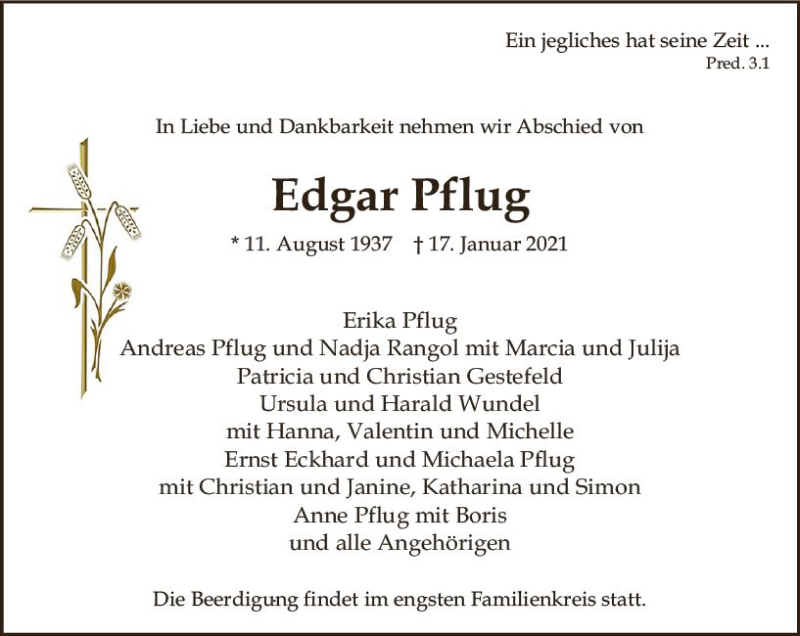  Traueranzeige für Edgar Pflug vom 23.01.2021 aus vrm-trauer