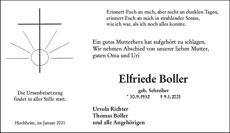  Traueranzeige für Elfriede Boller vom 15.01.2021 aus vrm-trauer