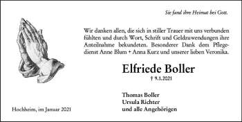 Traueranzeige von Elfriede Boller von vrm-trauer