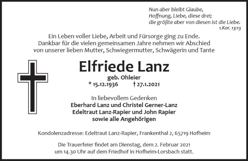 Traueranzeige für Elfriede Lanz vom 29.01.2021 aus vrm-trauer