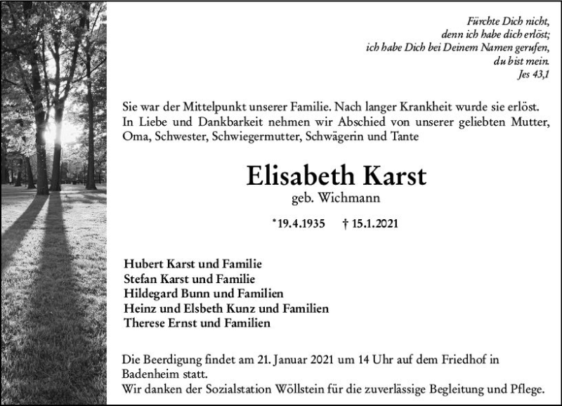  Traueranzeige für Elisabeth Karst vom 19.01.2021 aus vrm-trauer