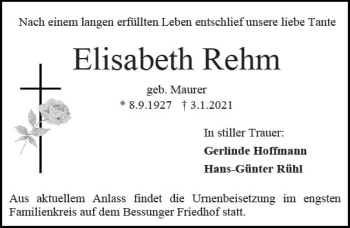 Traueranzeige von Elisabeth Rehm von vrm-trauer