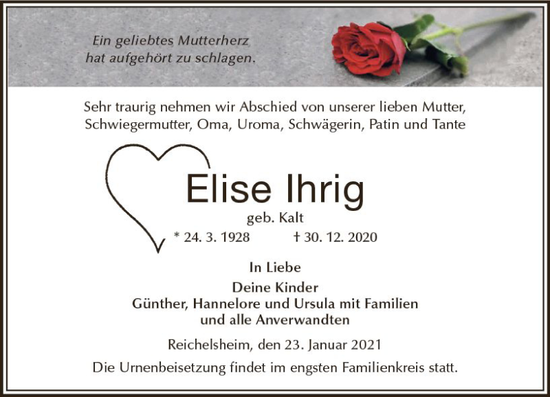  Traueranzeige für Elise Ihrig vom 23.01.2021 aus vrm-trauer