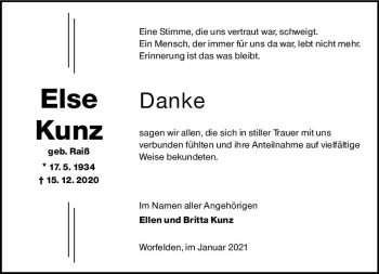 Traueranzeige von Else Kunz von vrm-trauer