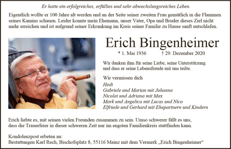  Traueranzeige für Erich Bingenheimer vom 09.01.2021 aus vrm-trauer