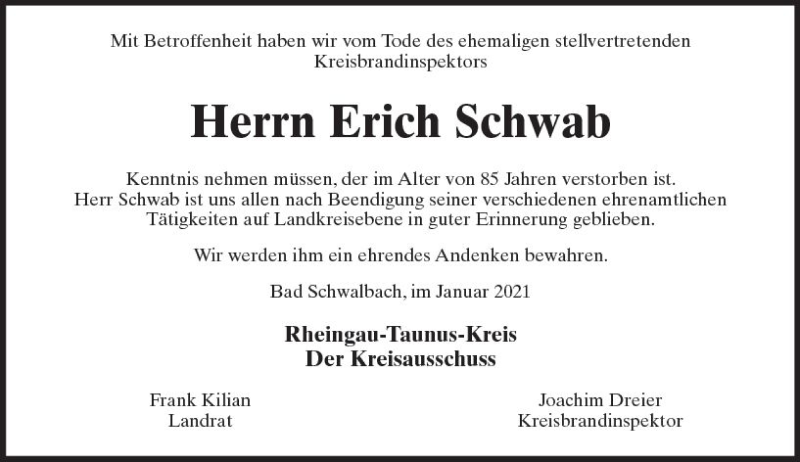  Traueranzeige für Erich Schwab vom 16.01.2021 aus vrm-trauer
