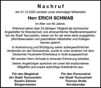 Traueranzeige von Erich Schwab von vrm-trauer