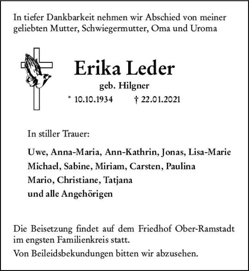  Traueranzeige für Erika Leder vom 30.01.2021 aus vrm-trauer