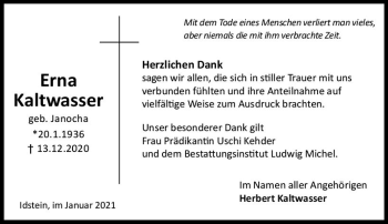 Traueranzeige von Erna Kaltwasser von vrm-trauer