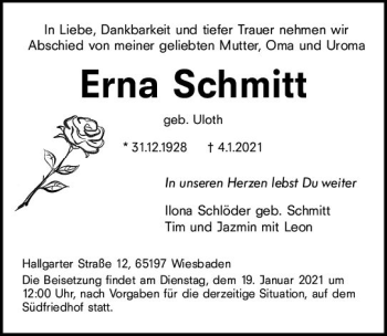 Traueranzeige von Erna Schmitt von vrm-trauer