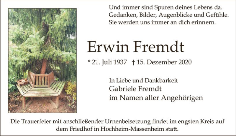  Traueranzeige für Erwin Fremdt vom 16.01.2021 aus vrm-trauer