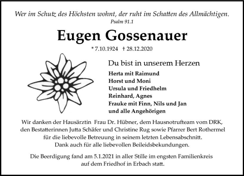  Traueranzeige für Eugen Gossenauer vom 27.01.2021 aus vrm-trauer