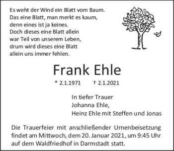 Traueranzeige von Frank Ehle von vrm-trauer