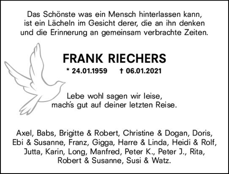  Traueranzeige für Frank Riechers vom 16.01.2021 aus vrm-trauer