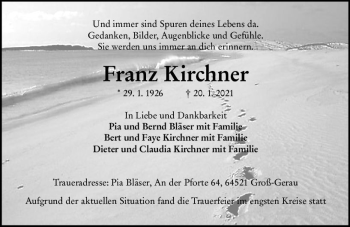 Traueranzeige von Franz Kirchner von vrm-trauer