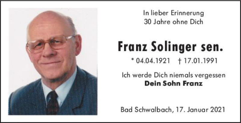  Traueranzeige für Franz Solinger sen. vom 16.01.2021 aus vrm-trauer