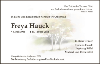 Traueranzeige von Freya Hauck von vrm-trauer