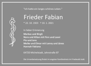 Traueranzeige von Frieder Fabian von vrm-trauer