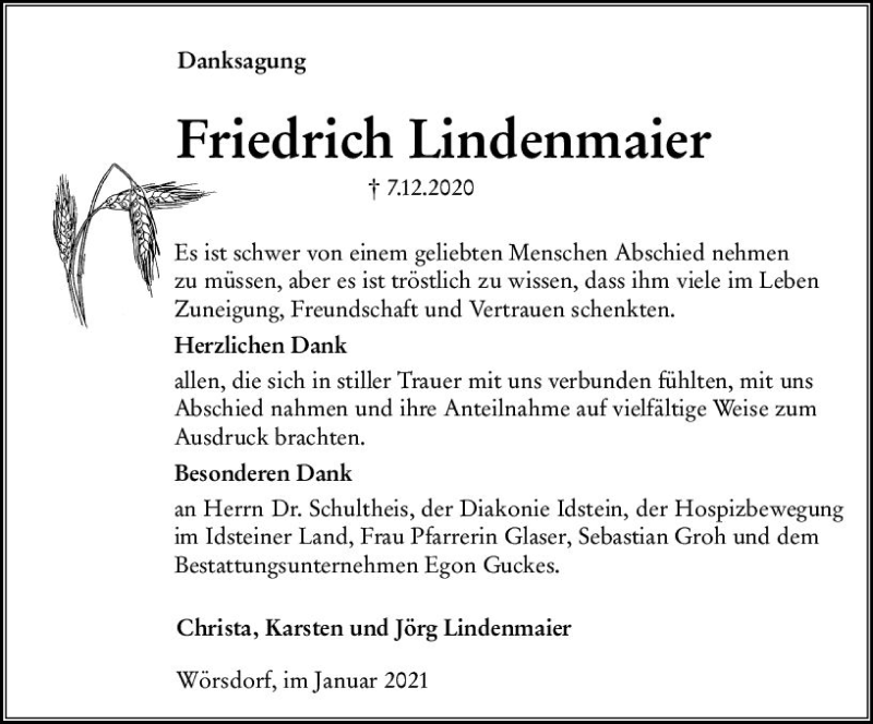  Traueranzeige für Friedrich Lindenmaier vom 09.01.2021 aus vrm-trauer