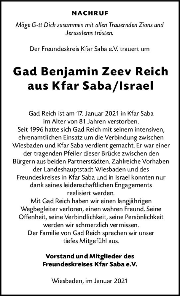  Traueranzeige für Gad Benjamin Zeev Reich vom 23.01.2021 aus vrm-trauer